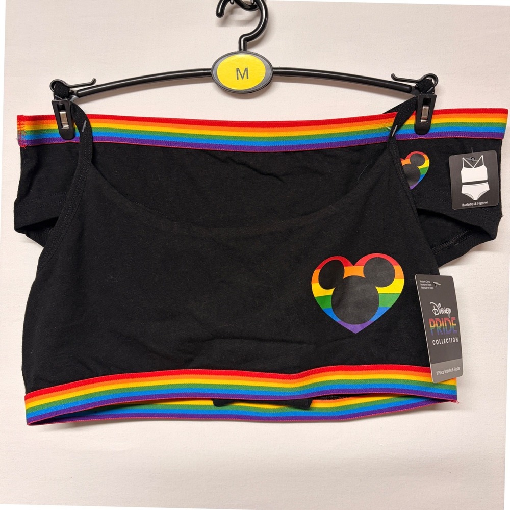 NWT Disney Pride Bralette Hipster Underwear Set Size M Black Rainbow Mickey